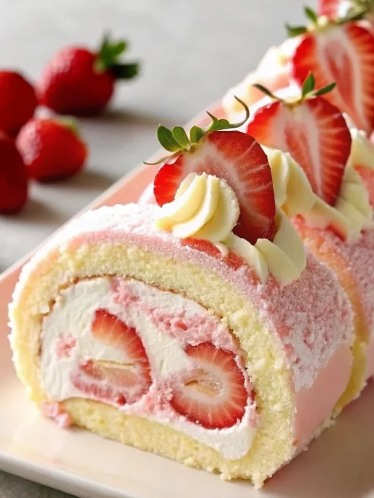 Sweet strawberry shortcake cheesecake roll sliced to show creamy filling with fresh strawberries and golden Oreo crumble coating