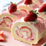 Sweet strawberry shortcake cheesecake roll sliced to show creamy filling with fresh strawberries and golden Oreo crumble coating