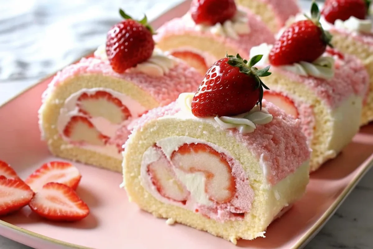 Sweet strawberry shortcake cheesecake roll sliced to show creamy filling with fresh strawberries and golden Oreo crumble coating