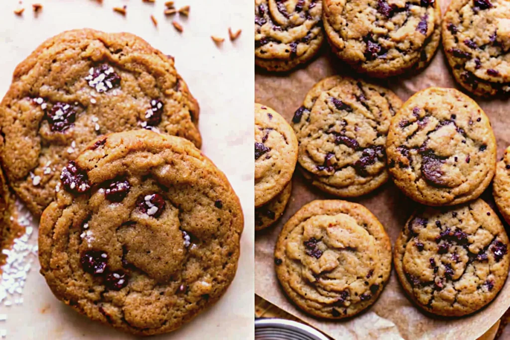 Brown butter pumpkin cookies with chocolate chips on parchment paper, showing golden-brown edges and perfectly round shape with pools of melted chocolate