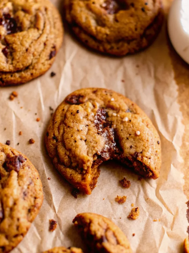 Brown butter pumpkin cookies with chocolate chips on parchment paper, showing golden-brown edges and perfectly round shape with pools of melted chocolate