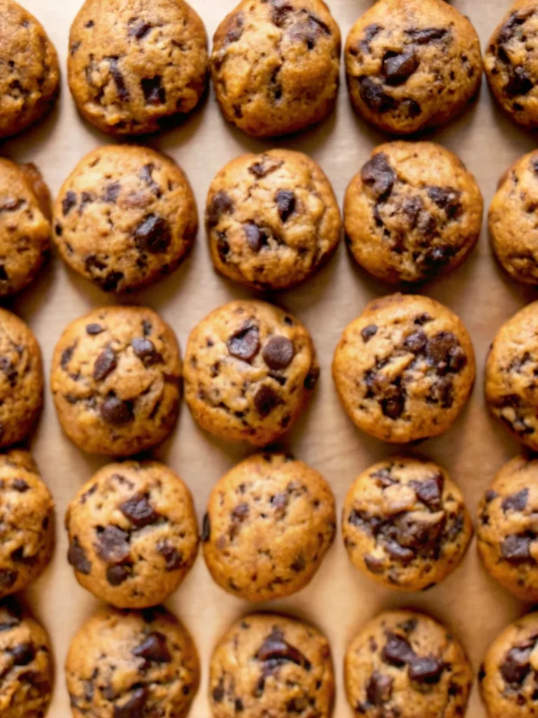 Brown butter pumpkin cookies with chocolate chips on parchment paper, showing golden-brown edges and perfectly round shape with pools of melted chocolate