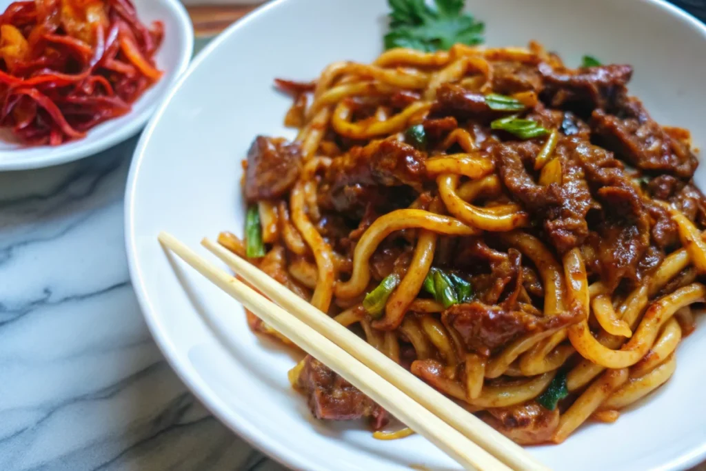 Quick and flavorful beef black pepper udon noodles served in ceramic bowl with chopsticks and garnish