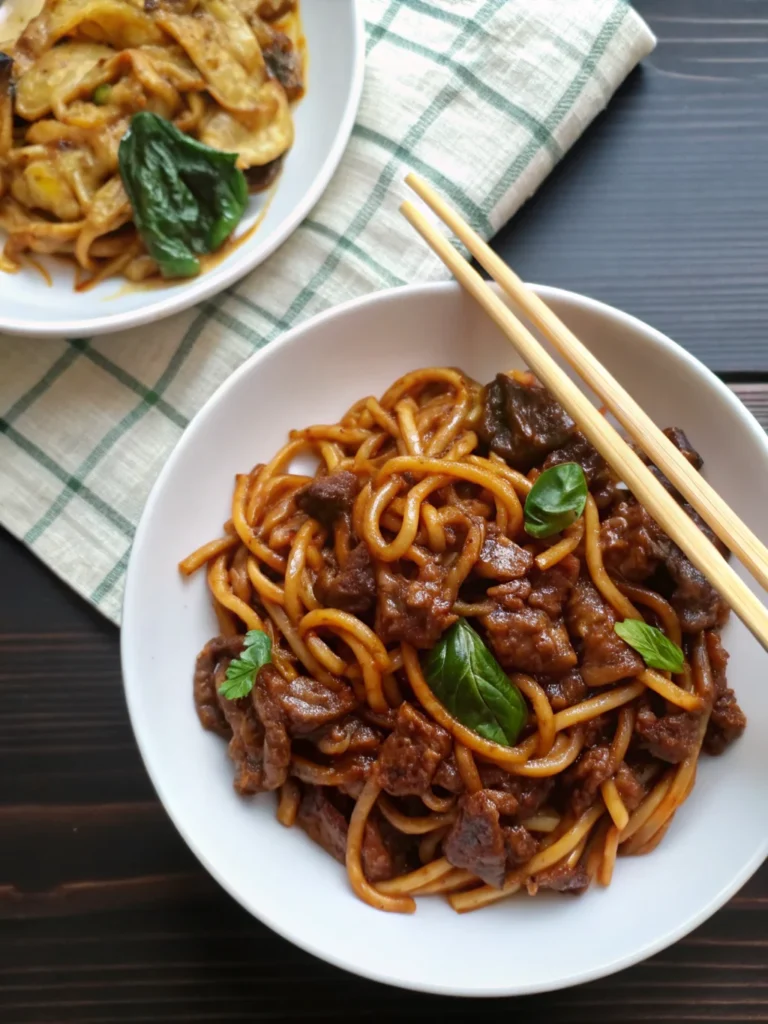 Quick and flavorful beef black pepper udon noodles served in ceramic bowl with chopsticks and garnish