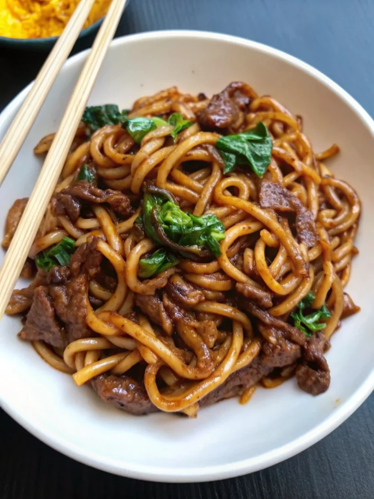 Quick and flavorful beef black pepper udon noodles served in ceramic bowl with chopsticks and garnish
