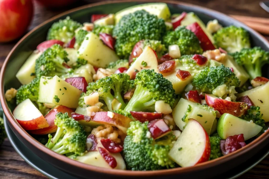 Colorful honeycrisp apple broccoli salad with cranberries and pecans in white serving bowl - healthy apple salad recipe