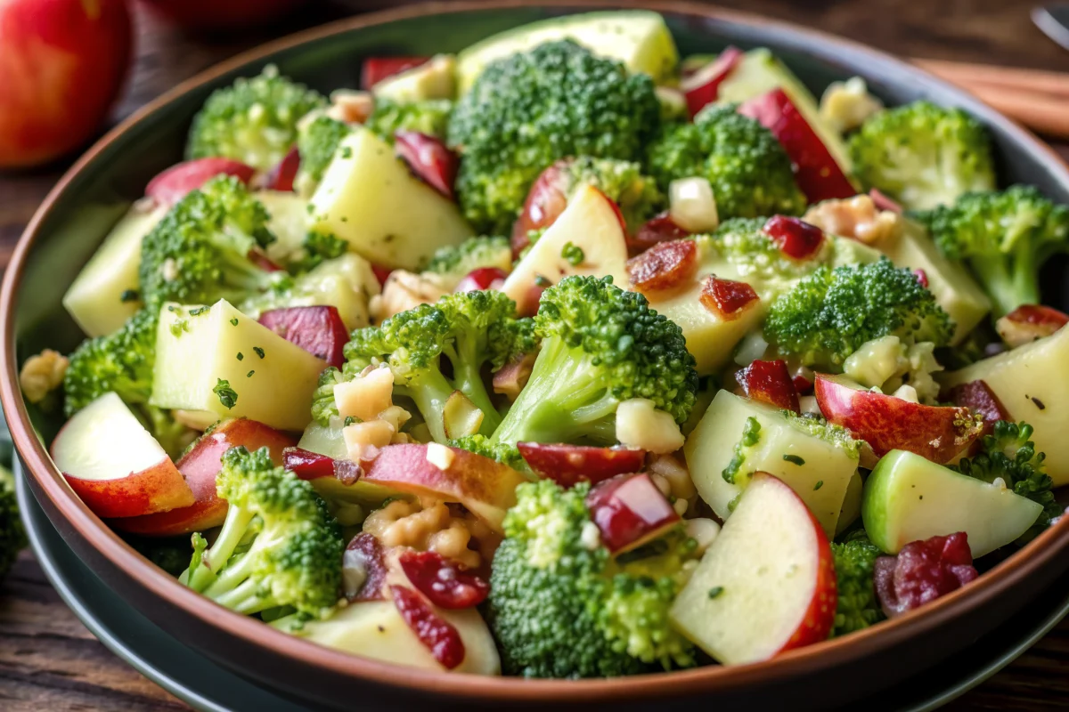 Colorful honeycrisp apple broccoli salad with cranberries and pecans in white serving bowl - healthy apple salad recipe