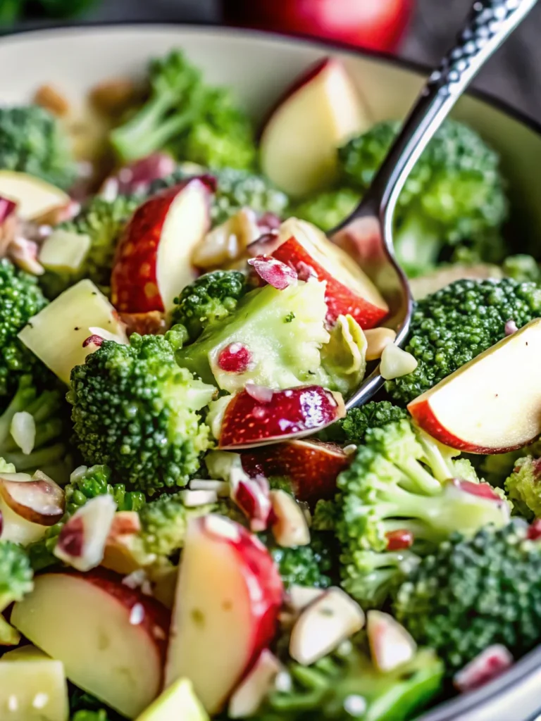 Colorful honeycrisp apple broccoli salad with cranberries and pecans in white serving bowl - healthy apple salad recipe