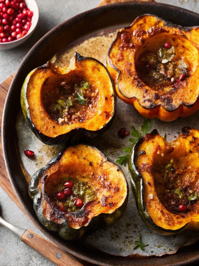 Golden brown acorn squash baked with maple syrup and cinnamon on parchment-lined baking sheet