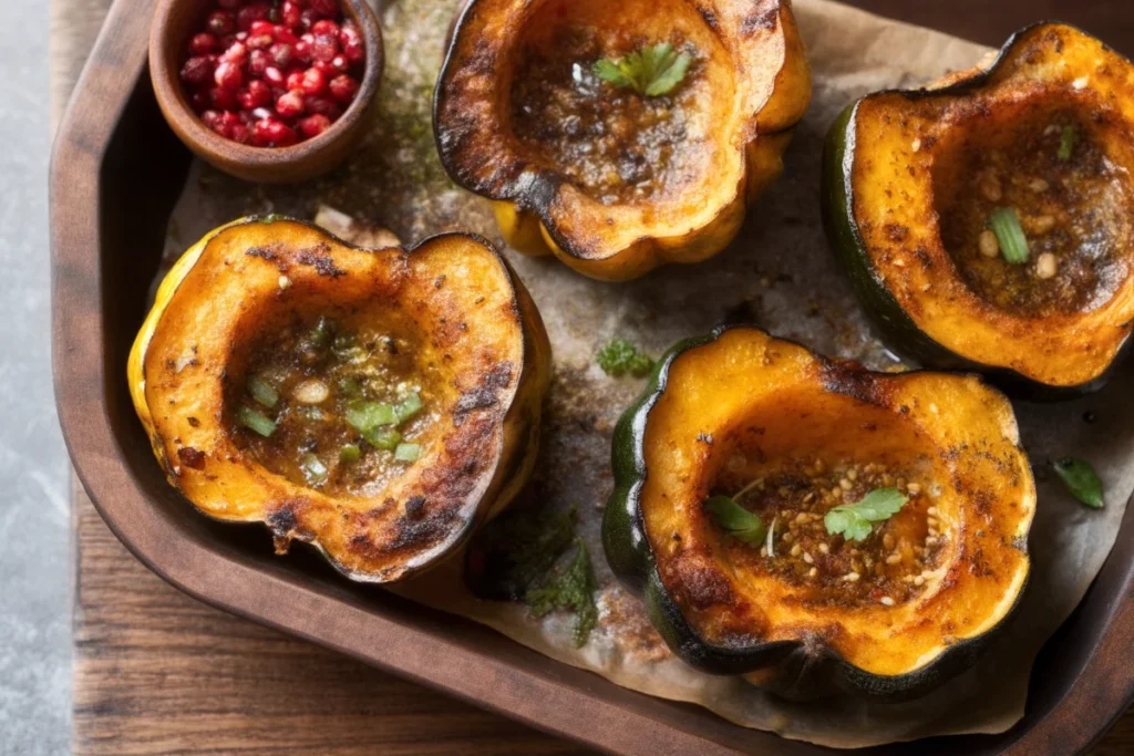Golden brown acorn squash baked with maple syrup and cinnamon on parchment-lined baking sheet