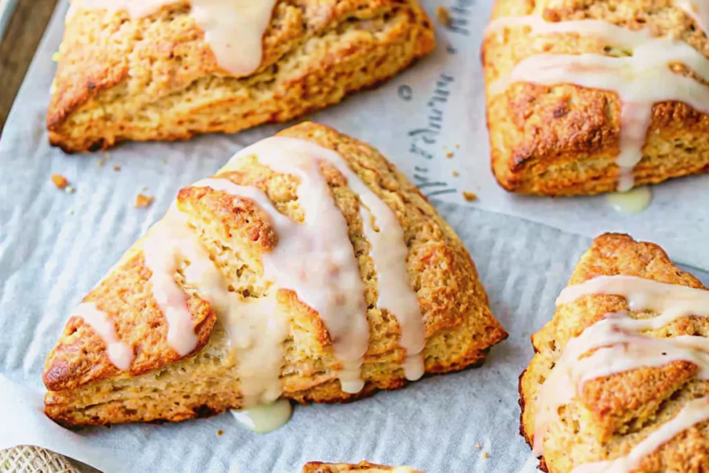 Golden pumpkin scones arranged on parchment paper with visible flaky layers and aromatic spices, showcasing the perfect autumn breakfast treat from this easy pumpkin scones recipe