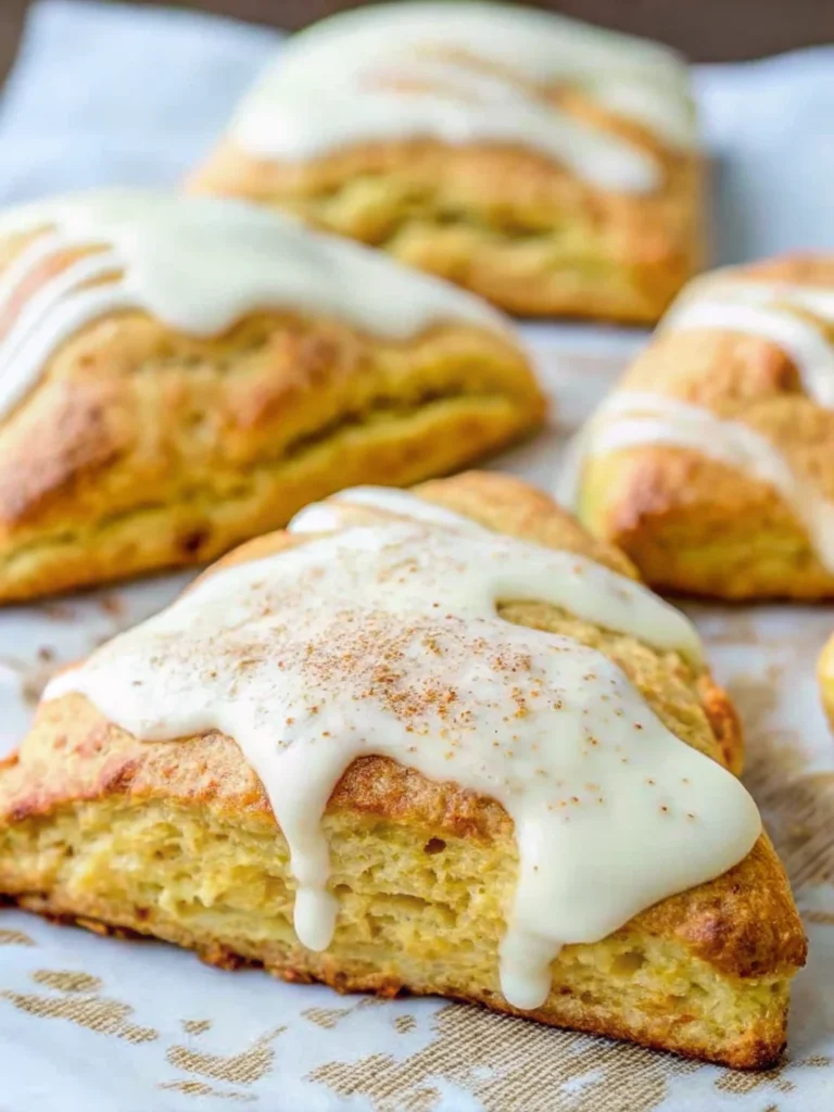 Golden pumpkin scones arranged on parchment paper with visible flaky layers and aromatic spices, showcasing the perfect autumn breakfast treat from this easy pumpkin scones recipe