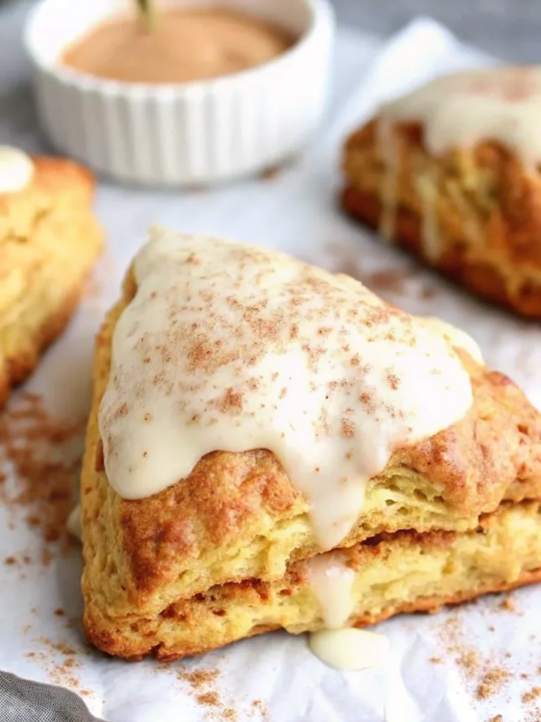 Golden pumpkin scones arranged on parchment paper with visible flaky layers and aromatic spices, showcasing the perfect autumn breakfast treat from this easy pumpkin scones recipe