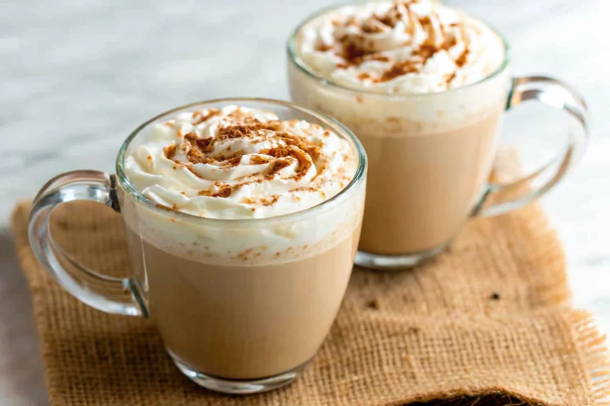 Homemade Pumpkin Spice Latte in a white ceramic mug topped with whipped cream and pumpkin pie spice, surrounded by fall leaves and cinnamon sticks on a rustic wooden background