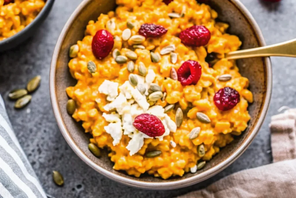 Creamy baked pumpkin risotto with goat cheese, cranberries, and pumpkin seeds in elegant white bowl, garnished with fresh sage