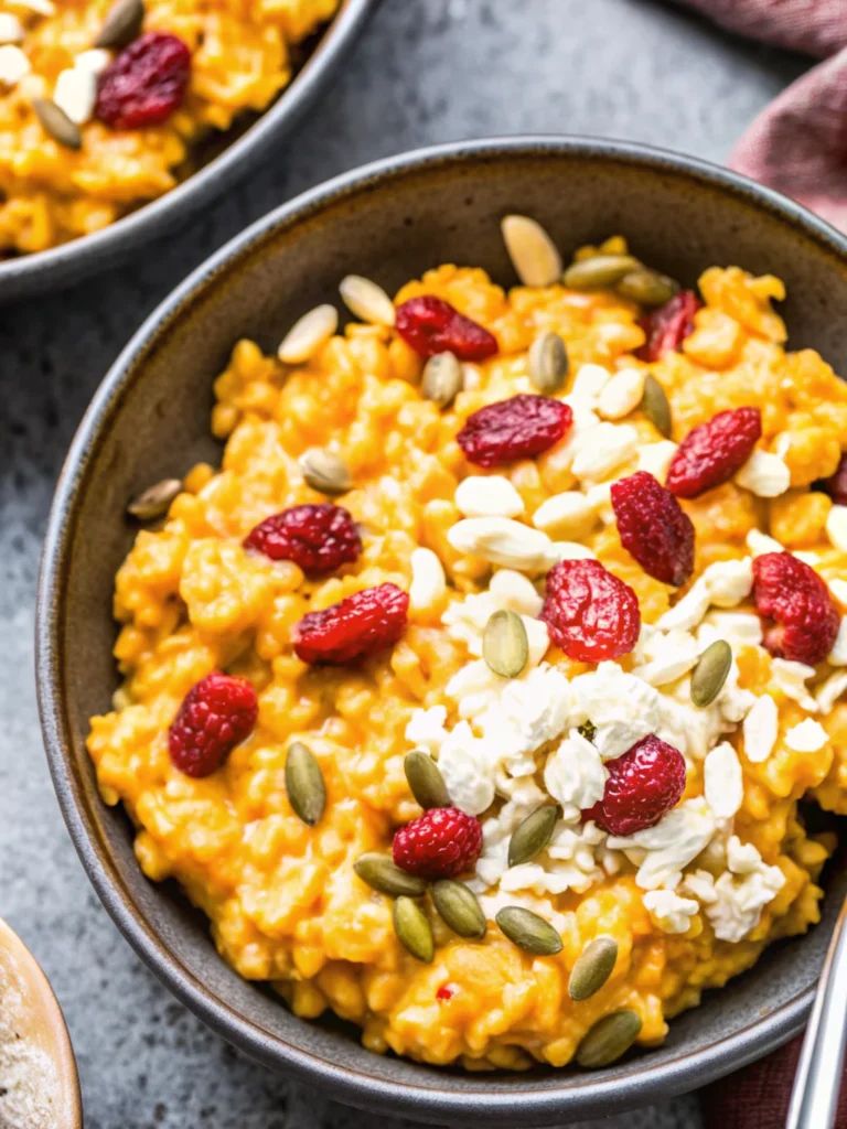 Creamy baked pumpkin risotto with goat cheese, cranberries, and pumpkin seeds in elegant white bowl, garnished with fresh sage