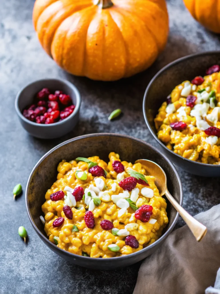 Creamy baked pumpkin risotto with goat cheese, cranberries, and pumpkin seeds in elegant white bowl, garnished with fresh sage
