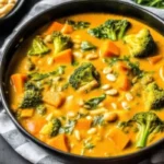 Creamy pumpkin curry with tender chicken pieces, vibrant orange pumpkin chunks, and fresh green spinach in a rich coconut milk sauce, served in a white bowl with jasmine rice