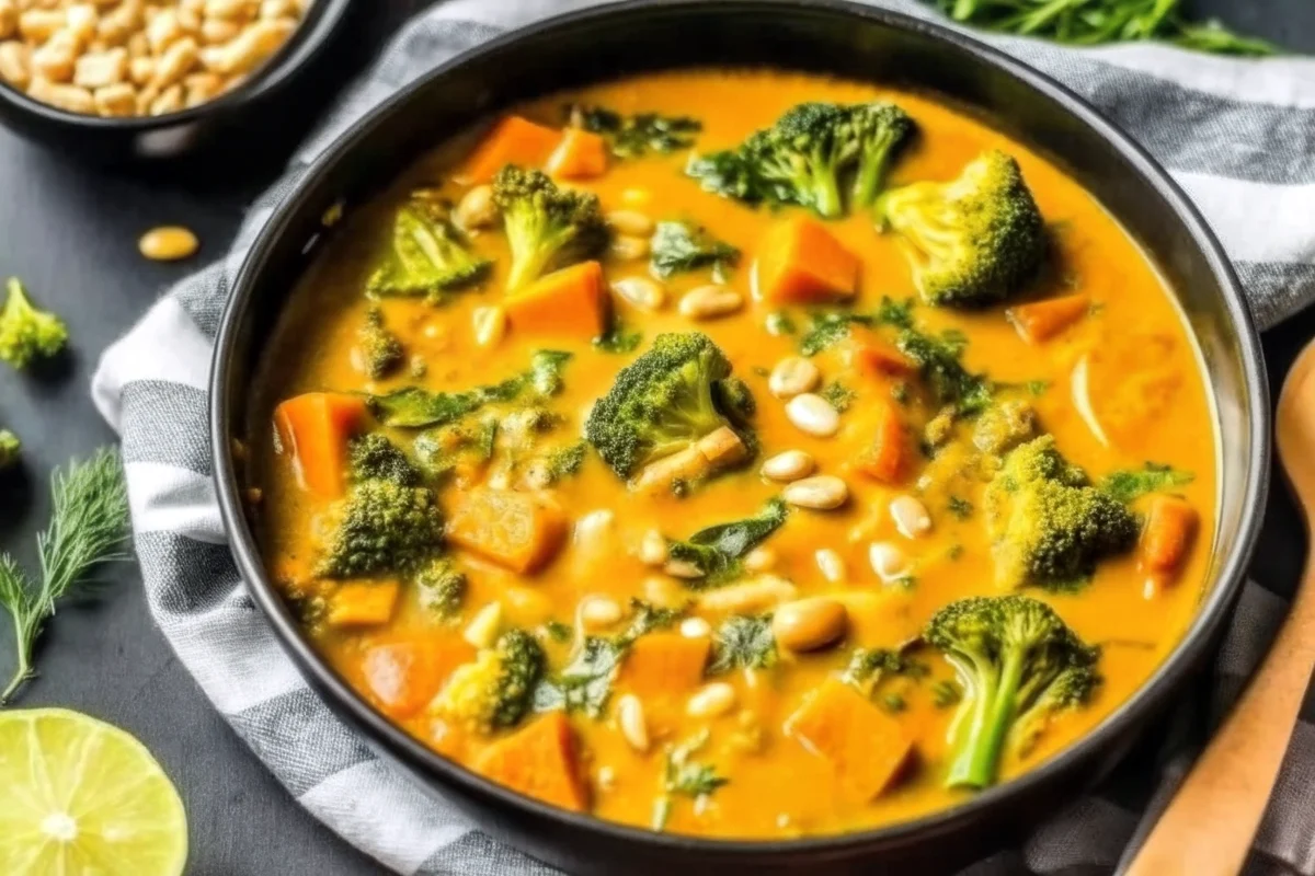 Creamy pumpkin curry with tender chicken pieces, vibrant orange pumpkin chunks, and fresh green spinach in a rich coconut milk sauce, served in a white bowl with jasmine rice