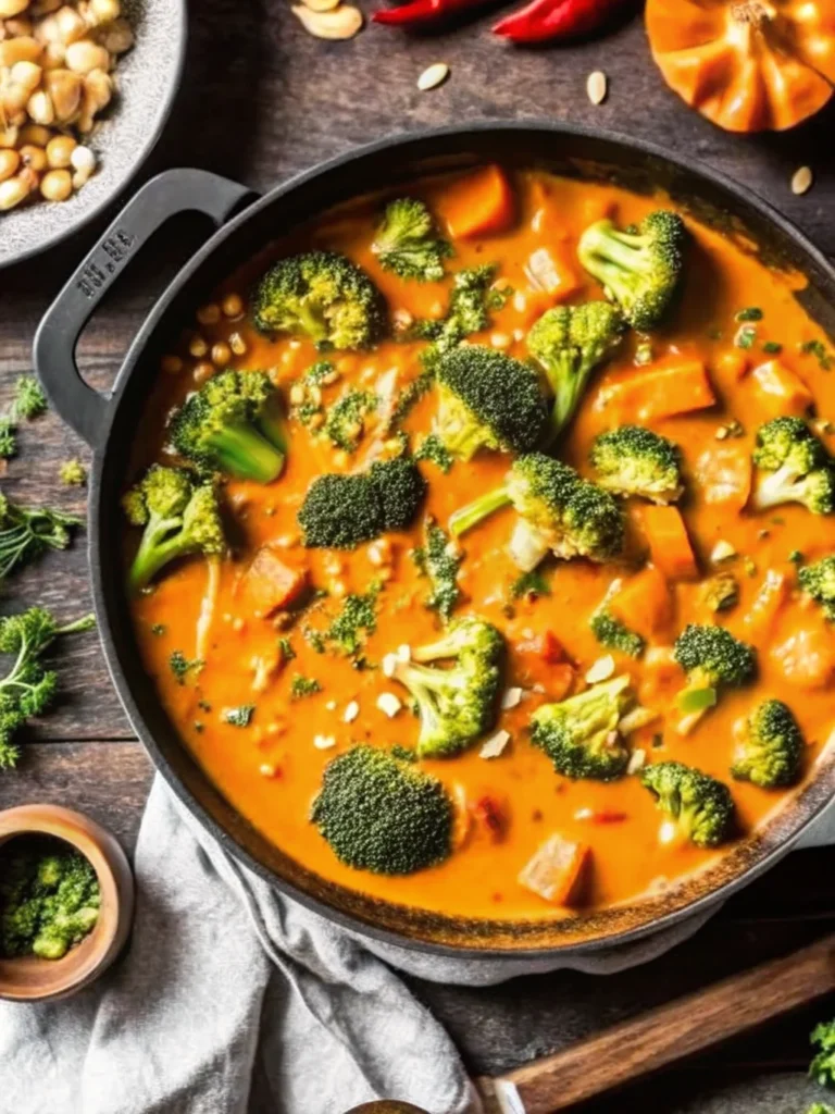 Creamy pumpkin curry with tender chicken pieces, vibrant orange pumpkin chunks, and fresh green spinach in a rich coconut milk sauce, served in a white bowl with jasmine rice