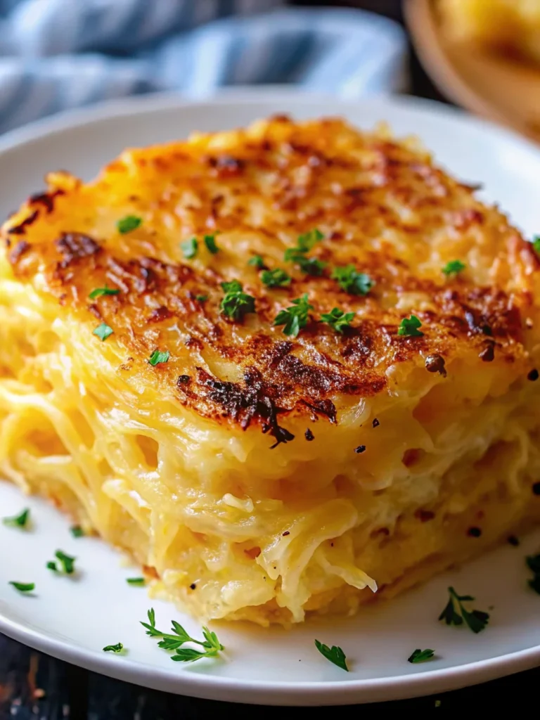 Golden-brown Spaghetti Squash Au Gratin in white baking dish with melted cheese and herbs, showcasing healthy low-carb spaghetti squash recipes