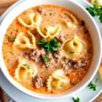 Creamy tortellini soup with Italian sausage, kale, and cheese-filled tortellini served in a rustic bowl, topped with fresh basil.
