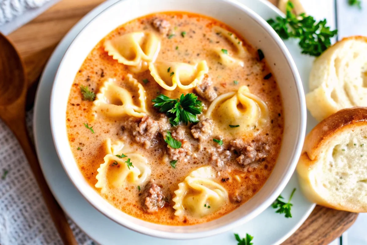 Creamy tortellini soup with Italian sausage, kale, and cheese-filled tortellini served in a rustic bowl, topped with fresh basil.