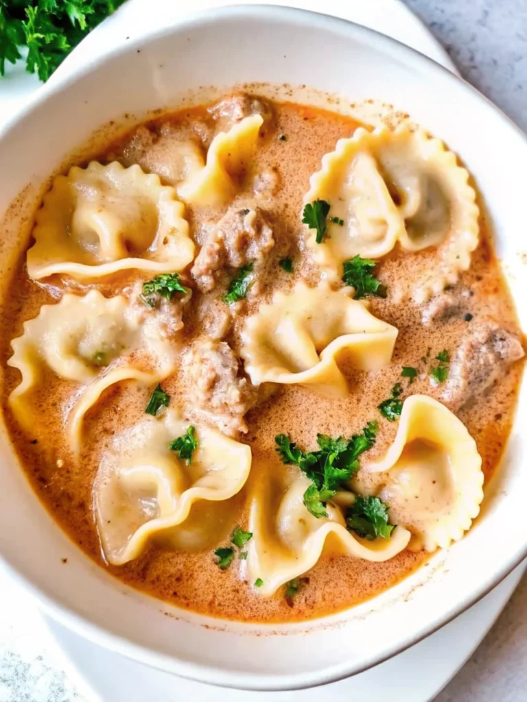 Creamy tortellini soup with Italian sausage, kale, and cheese-filled tortellini served in a rustic bowl, topped with fresh basil.