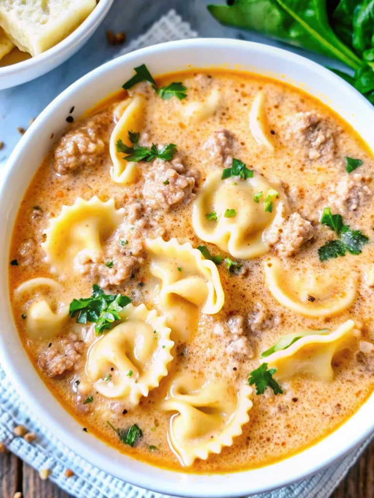 Creamy tortellini soup with Italian sausage, kale, and cheese-filled tortellini served in a rustic bowl, topped with fresh basil.