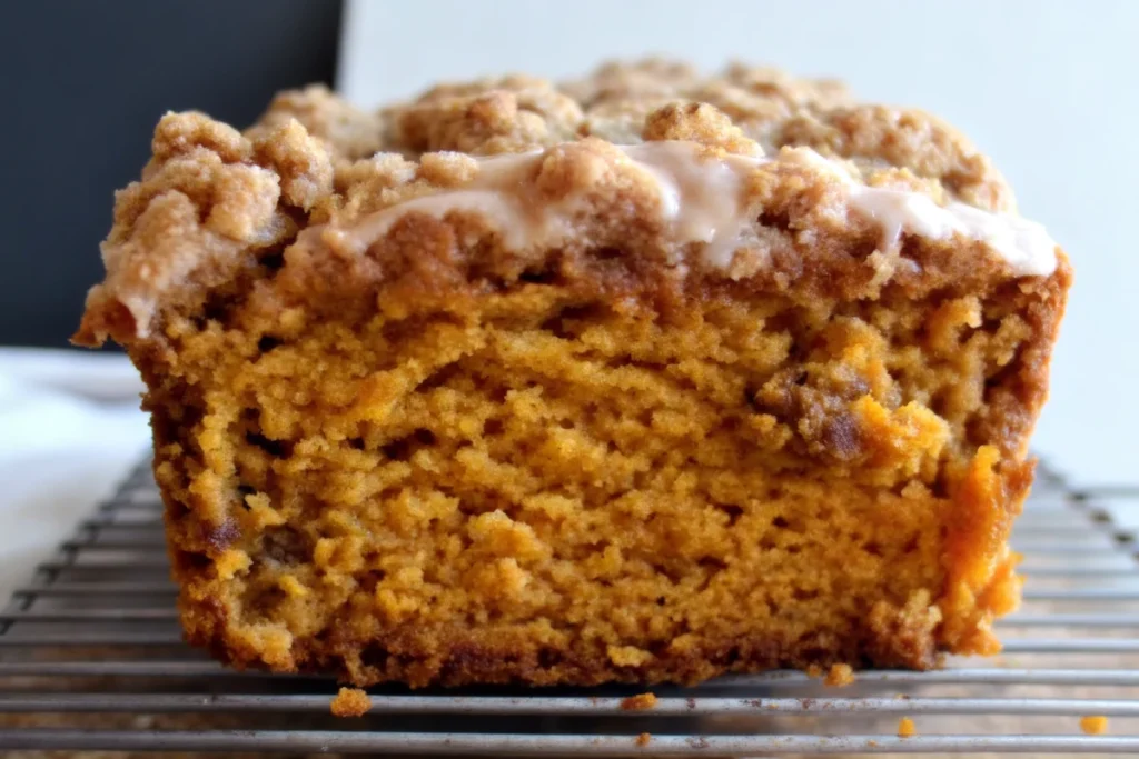 Freshly baked pumpkin bread with golden streusel topping and maple glaze drizzle on wooden cutting board