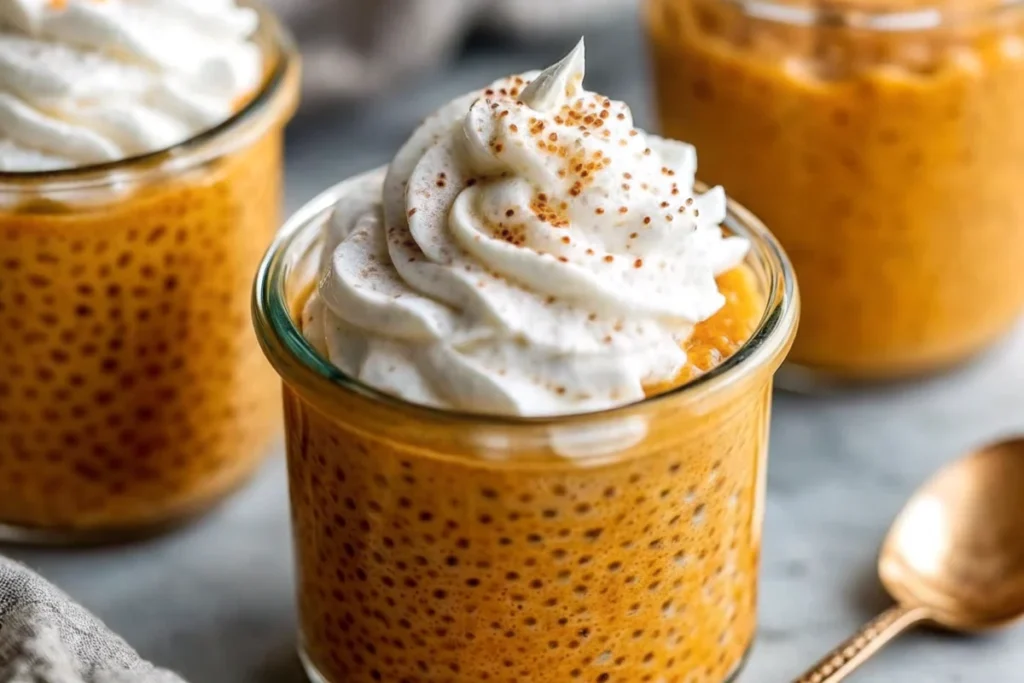 Creamy pumpkin chia seed pudding in a glass bowl topped with pumpkin seeds and cinnamon, showcasing healthy fall breakfast recipe