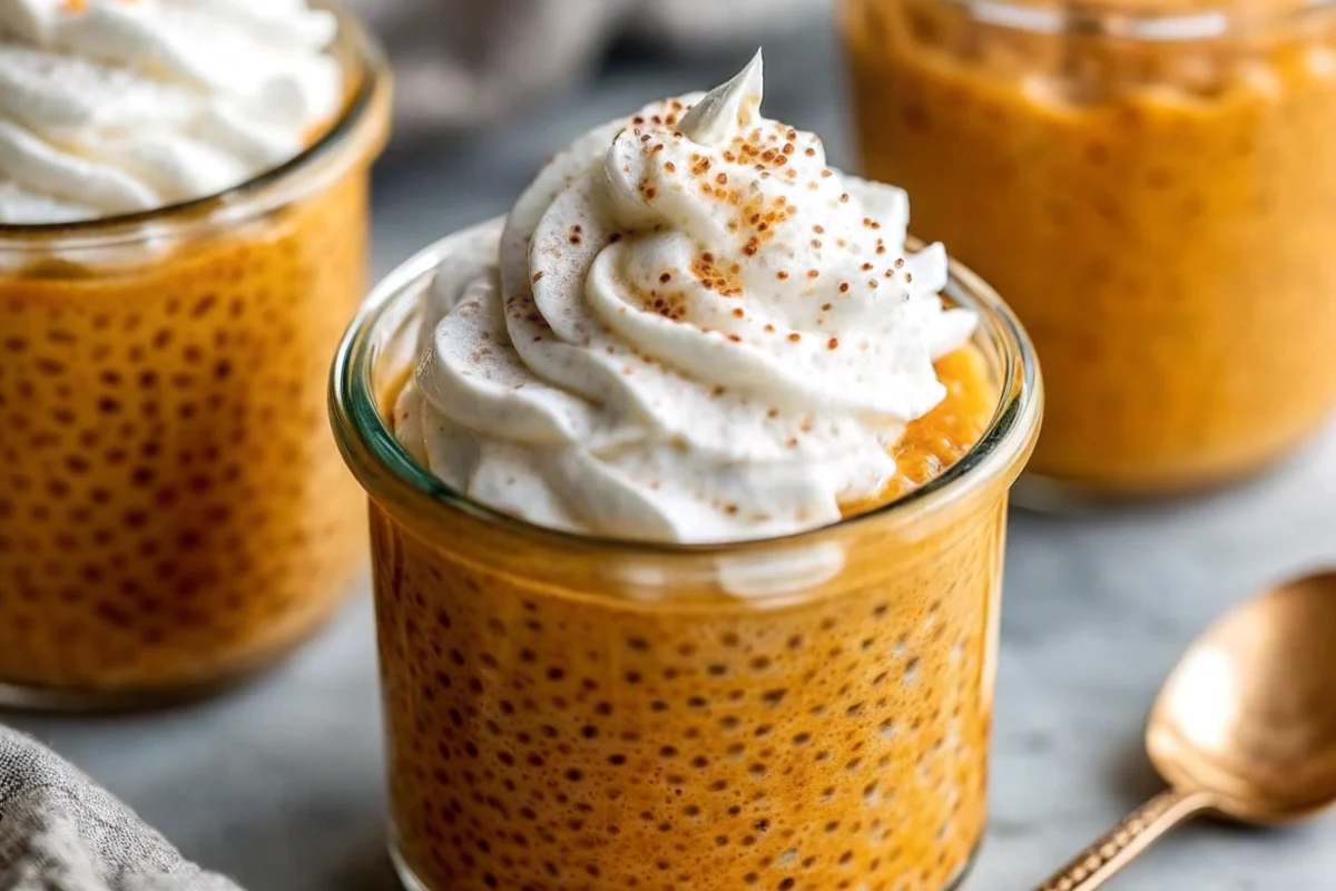 Creamy pumpkin chia seed pudding in a glass bowl topped with pumpkin seeds and cinnamon, showcasing healthy fall breakfast recipe