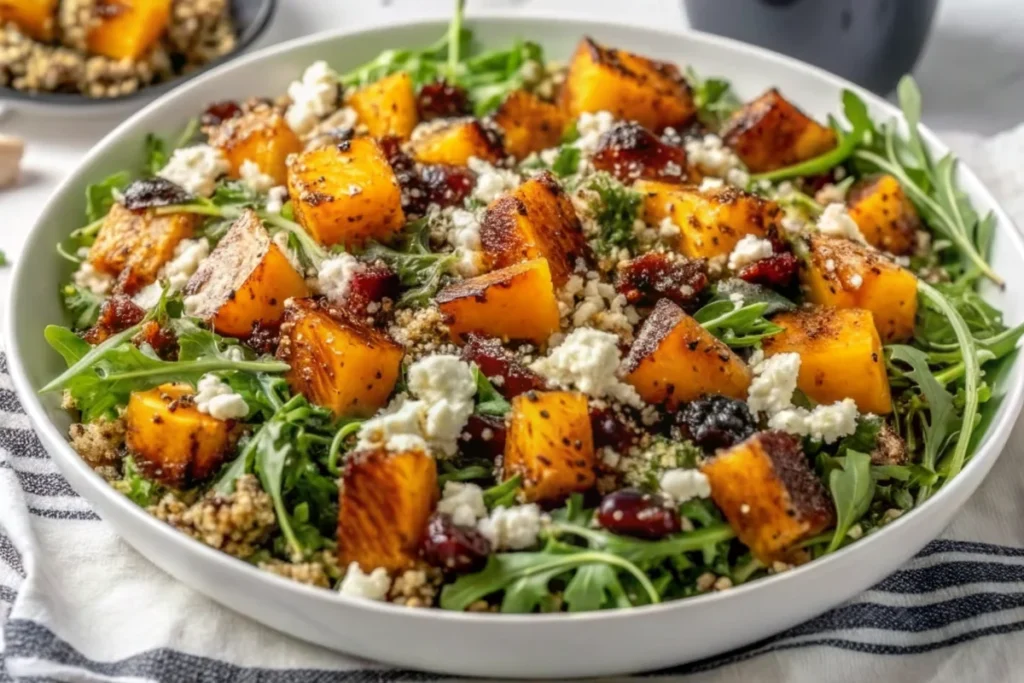 Colorful roasted pumpkin salad with quinoa, feta cheese, walnuts and arugula in white serving bowl, featuring golden caramelized pumpkin cubes, fluffy quinoa grains, and vibrant fall ingredients