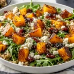 Colorful roasted pumpkin salad with quinoa, feta cheese, walnuts and arugula in white serving bowl, featuring golden caramelized pumpkin cubes, fluffy quinoa grains, and vibrant fall ingredients