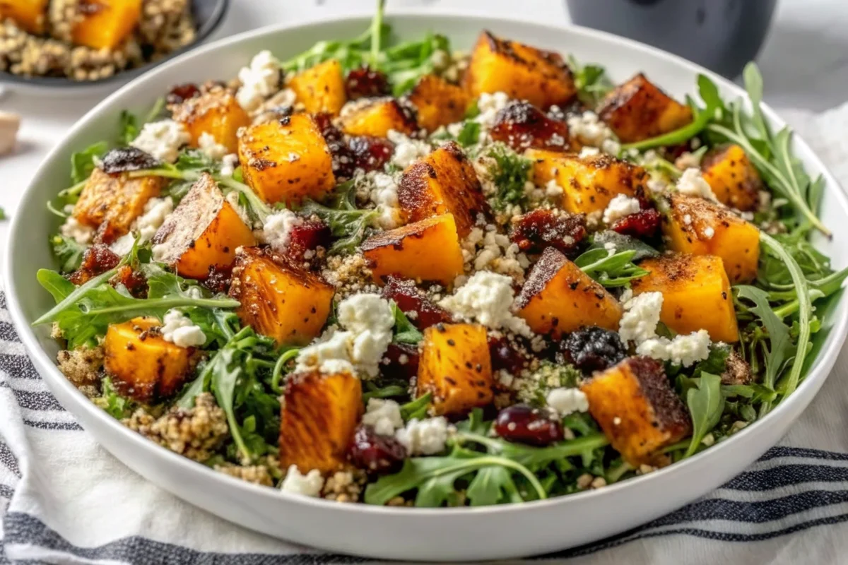 Colorful roasted pumpkin salad with quinoa, feta cheese, walnuts and arugula in white serving bowl, featuring golden caramelized pumpkin cubes, fluffy quinoa grains, and vibrant fall ingredients