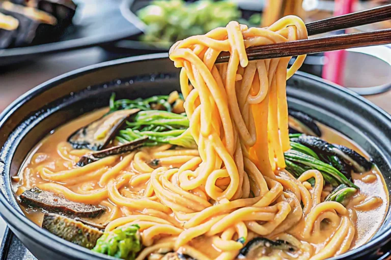 Creamy miso udon noodles in ceramic bowl topped with green onions and sesame seeds on wooden table