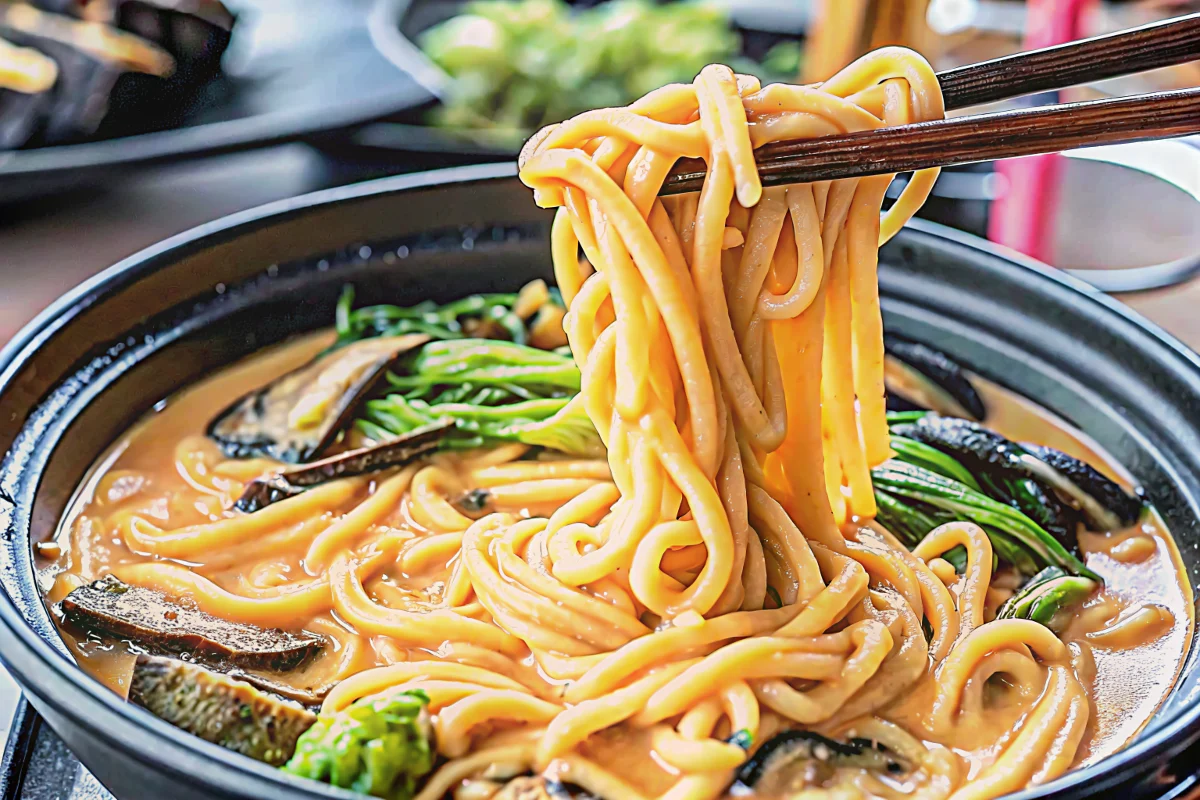 Creamy miso udon noodles in ceramic bowl topped with green onions and sesame seeds on wooden table