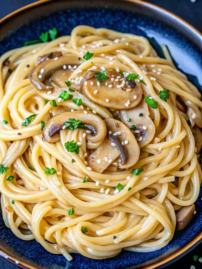Creamy miso udon noodles in ceramic bowl topped with green onions and sesame seeds on wooden table