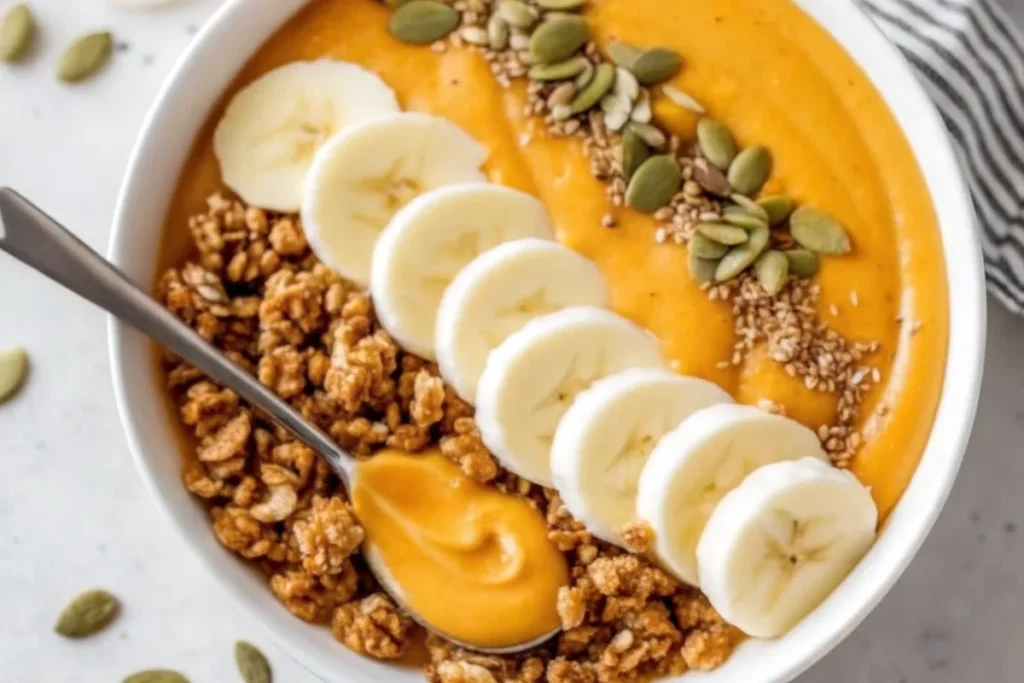 Thick pumpkin smoothie bowl with granola, nuts, and pumpkin seeds arranged artistically in white bowl on marble counter