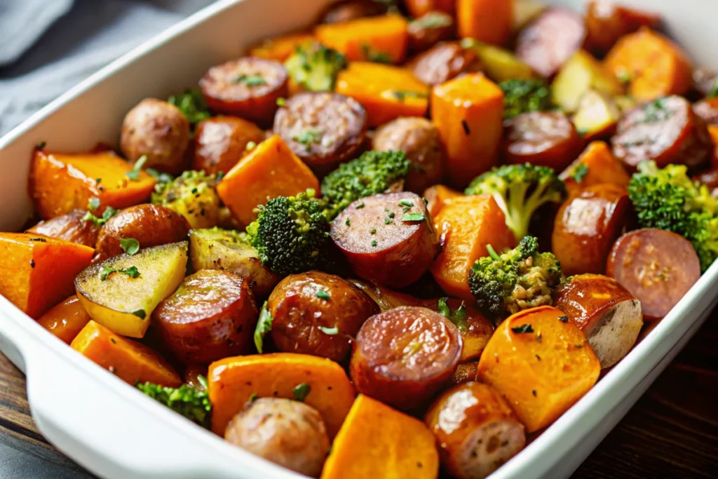 Sheet pan sausage and sweet potatoes with broccoli and honey garlic glaze, golden brown and ready to serve on parchment-lined baking sheet