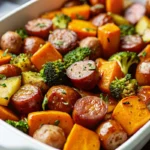Sheet pan sausage and sweet potatoes with broccoli and honey garlic glaze, golden brown and ready to serve on parchment-lined baking sheet
