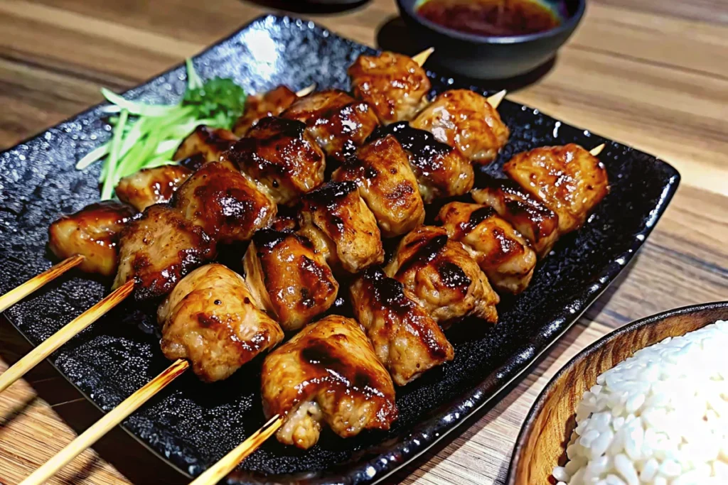 Authentic Japanese chicken yakitori skewers with glossy teriyaki glaze being grilled over charcoal, showing perfect caramelization and traditional bamboo skewers, japanese recipe ideas for home cooking