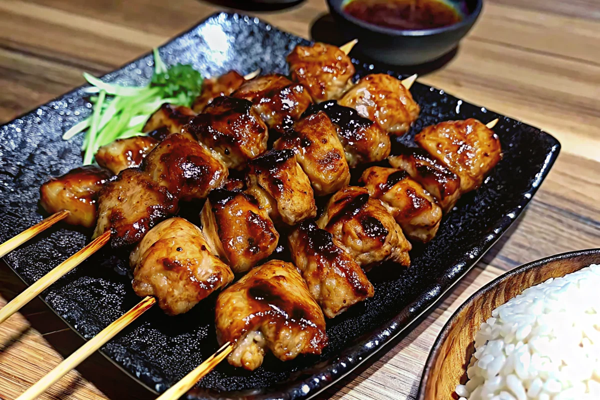 Authentic Japanese chicken yakitori skewers with glossy teriyaki glaze being grilled over charcoal, showing perfect caramelization and traditional bamboo skewers, japanese recipe ideas for home cooking
