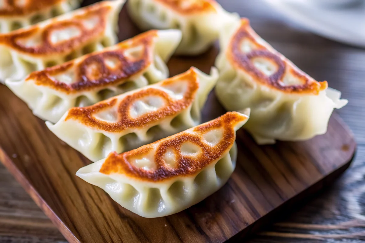 Golden crispy gyoza Japanese dumplings with pleated edges on white plate with soy sauce dipping bowl showcasing japanese recipe ideas