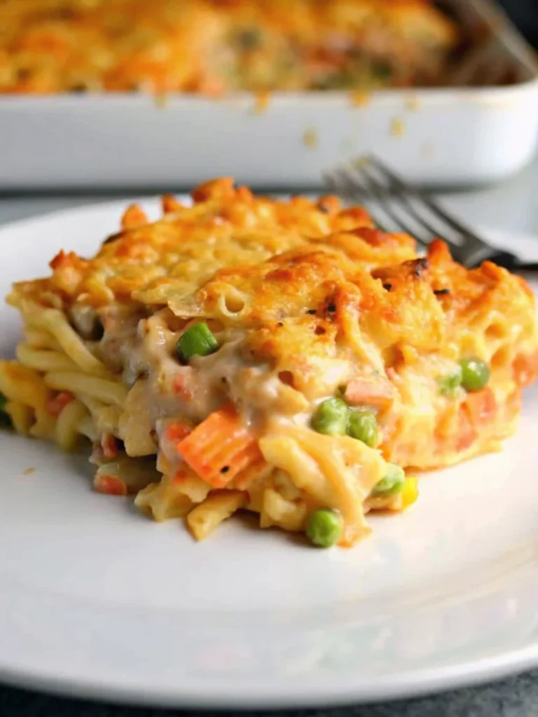 Golden-brown Chicken & Hash Brown Casserole in white baking dish topped with melted cheese and crispy crackers