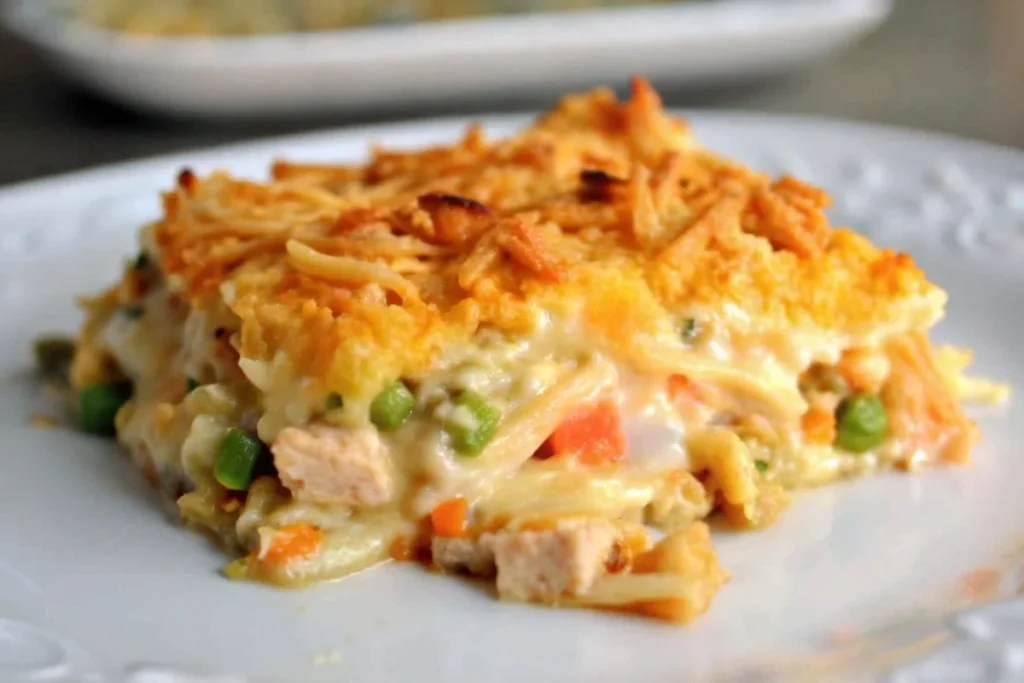 Golden-brown Chicken & Hash Brown Casserole in white baking dish topped with melted cheese and crispy crackers