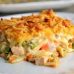 Golden-brown Chicken & Hash Brown Casserole in white baking dish topped with melted cheese and crispy crackers