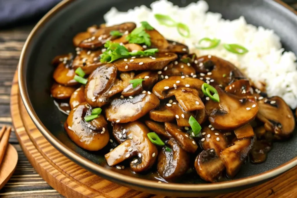 Savory Japanese miso mushrooms garnished with sesame seeds and green onions in a dark skillet, showcasing authentic japanese recipe ideas