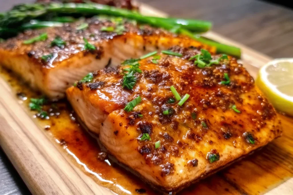 Glazed Texas Roadhouse salmon recipe with caramelized brown sugar soy sauce glaze on white plate garnished with parsley