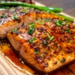 Glazed Texas Roadhouse salmon recipe with caramelized brown sugar soy sauce glaze on white plate garnished with parsley